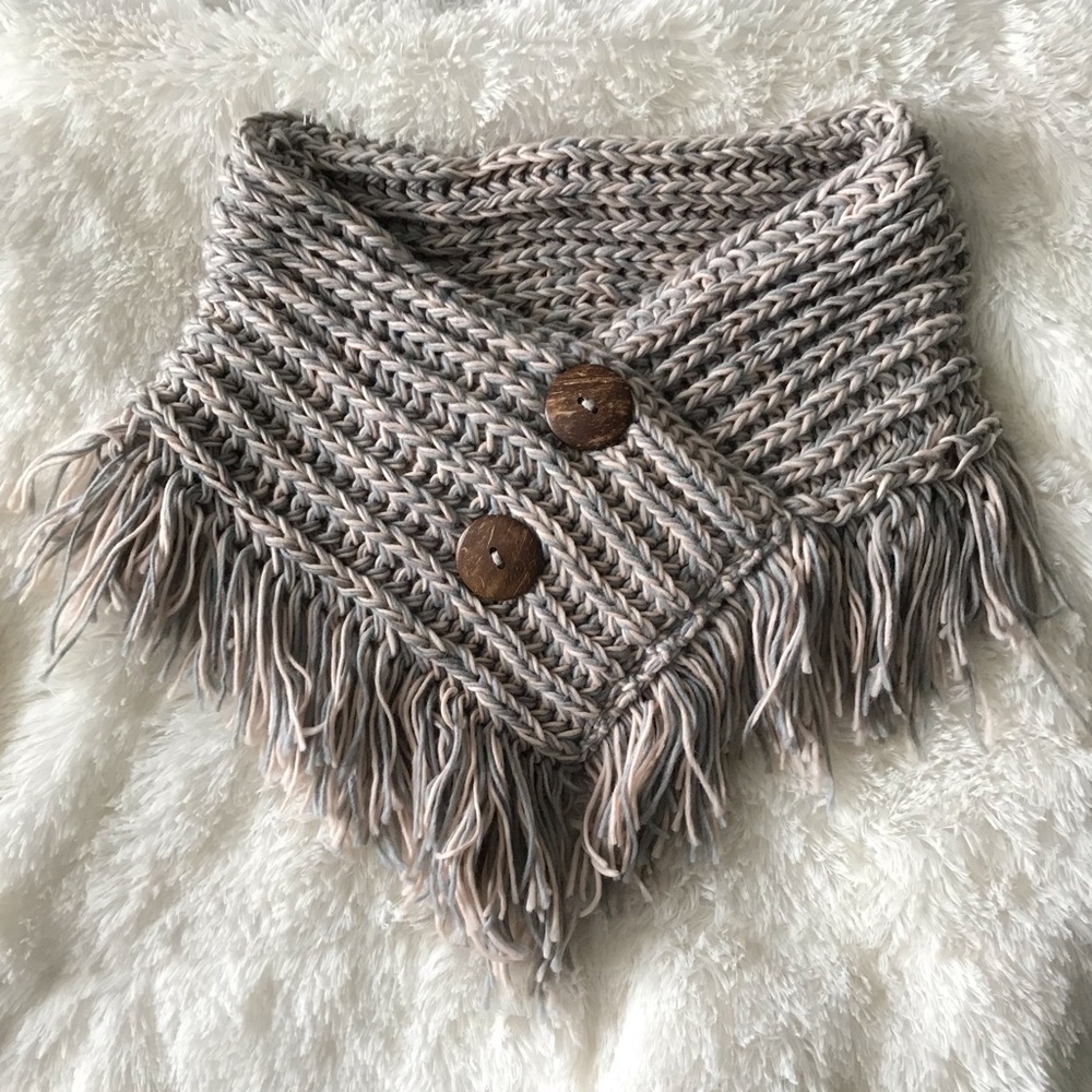 Knitted Button Infinity Fringe Scarf